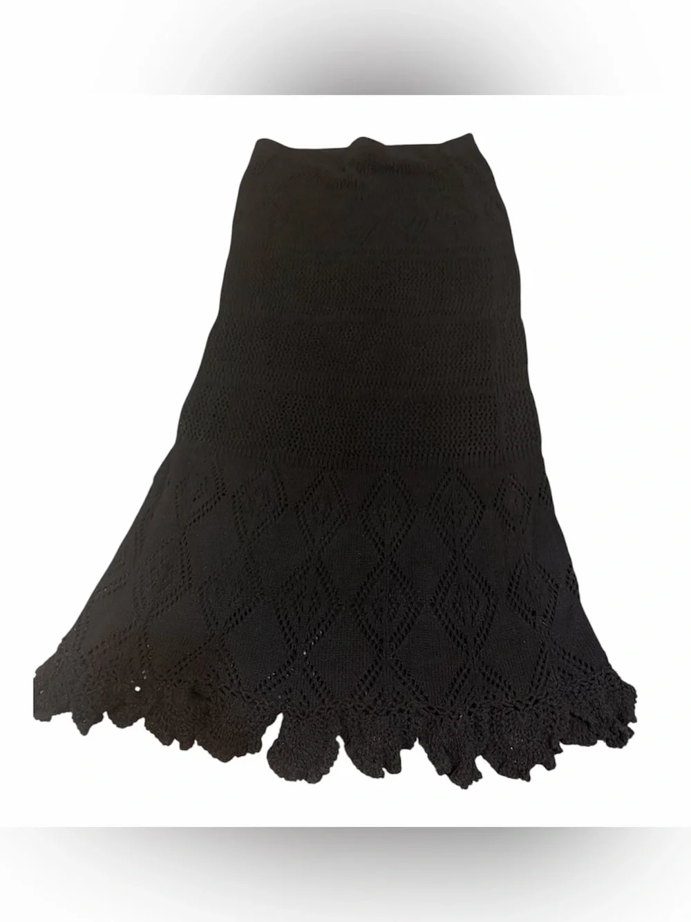 Linea Domani Black Crochet Knit Maxi Skirt Scalloped Mermaid Boho Lined L
